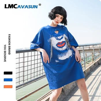 

LMCAVASUN 2020 Metal Chains T Shirt Summer Cotton Women Hiphop Loose Hollow Out Hip Hop Style Casual T-Shirt Letter Long Tops