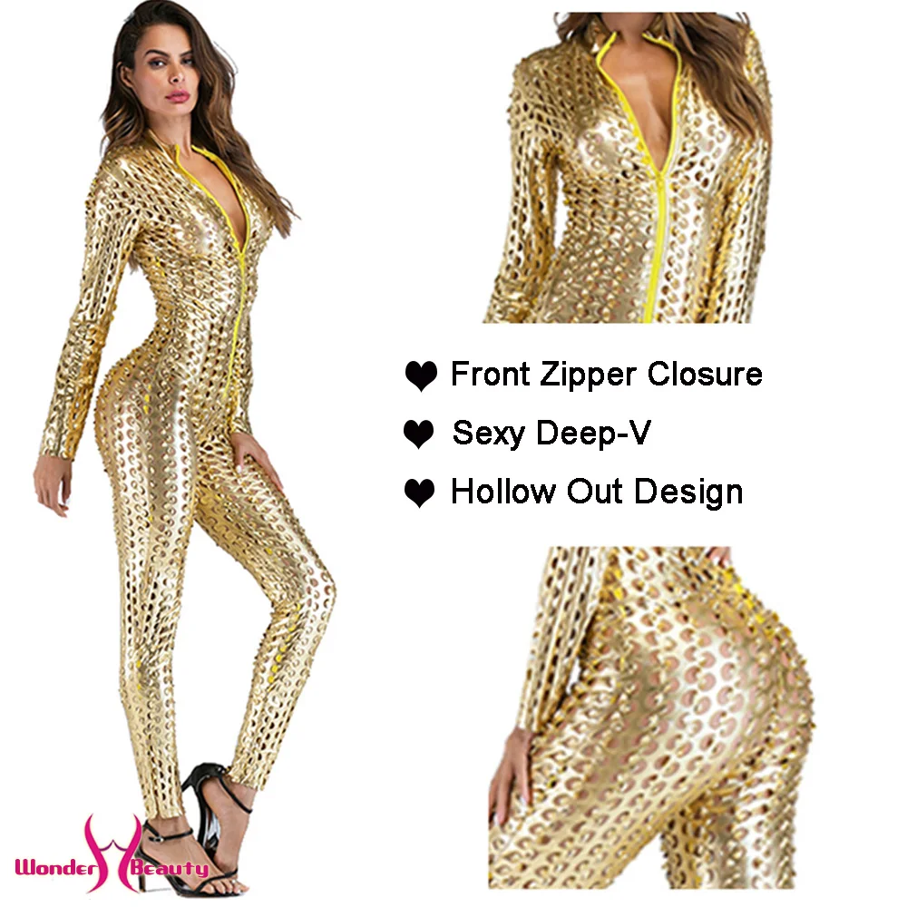 Faux Leather Catsuit Catwomen Shiny Black Gold Silver Metallic Leather Jumpsuit Wetlook PU Leotard Bodysuit Bar Night Clubwear (12)