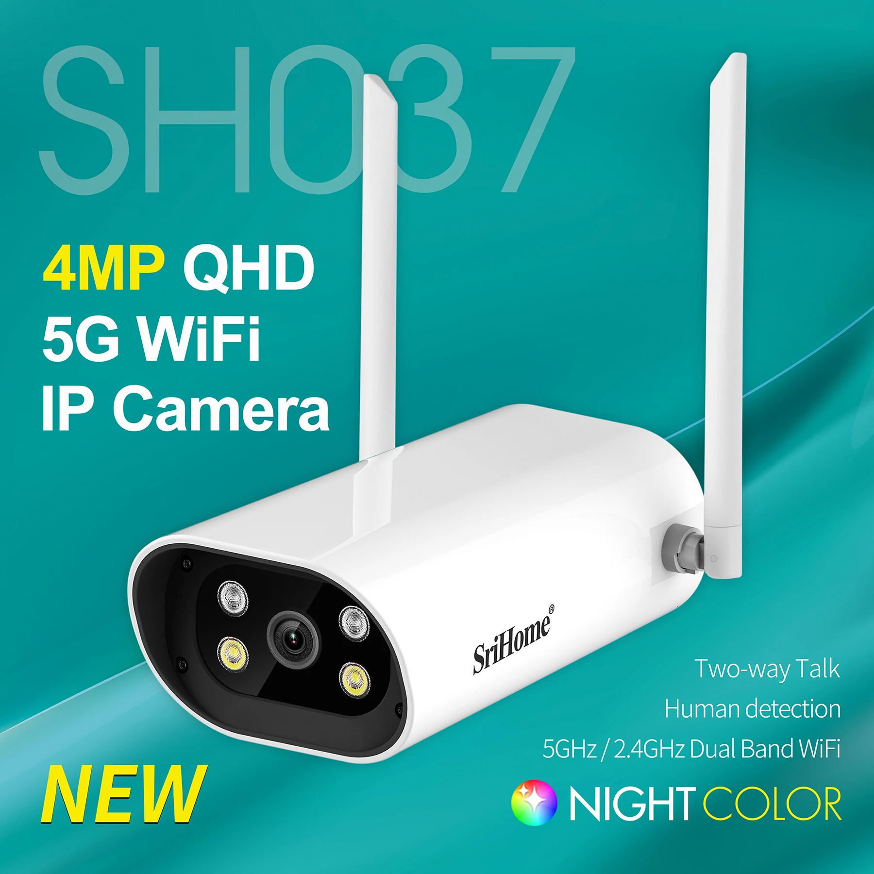 

IP-камера Srihome SH037, 4 МП, QHD 5G, Wi-Fi, водонепроницаемая, полноцветная, с двусторонней аудиосвязью
