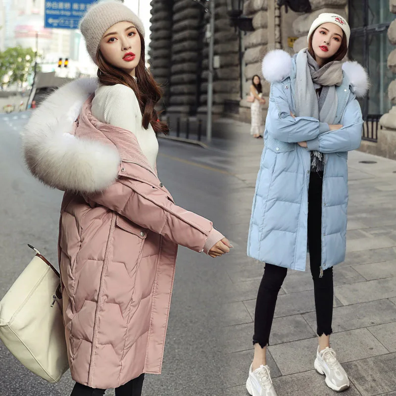 

2019 New Style down Jacket Women's Mid-length Fashion Korean-style Large Fur Collar over-the-Knee Thick Loose Autumn And Winter