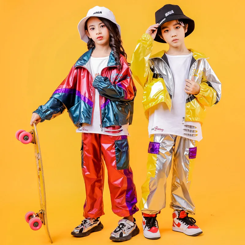 Костюм в стиле хип-хоп детская одежда для уличных танцев яркая куртка с длинными рукавами и штаны Одежда для сцены джазовая одежда комплект для девочек, одежда для мальчиков