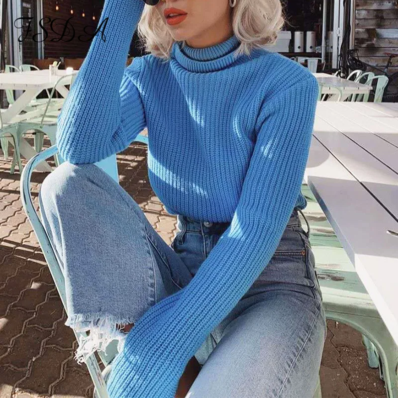 FSDA синий Повседневный тонкий свитер с высоким воротником Теплый Женский базовый