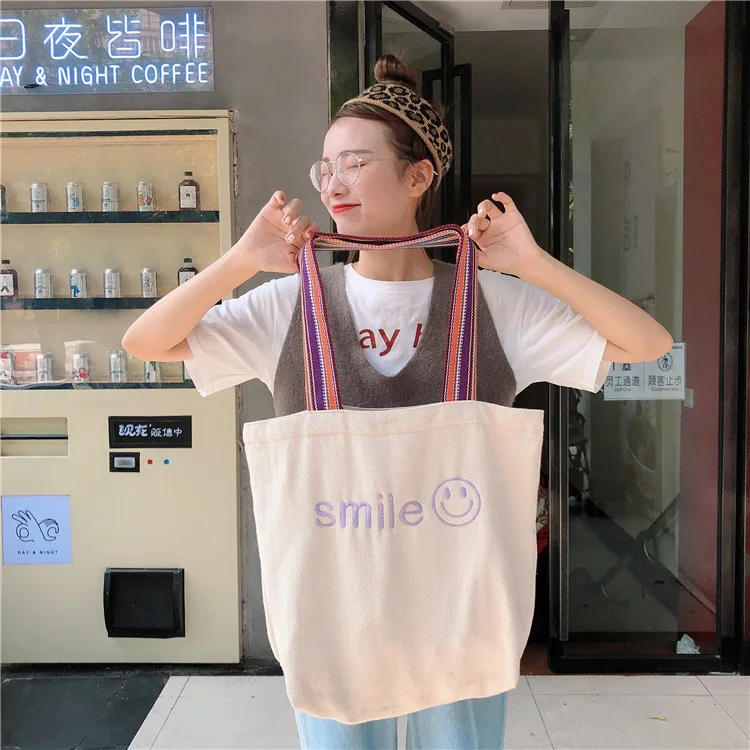 Embroidered Smiley Face Women Canvas Handbags Large Capacity Ladies Eco Reusable Shopping Bags Student Girls Books Shoulder Bag