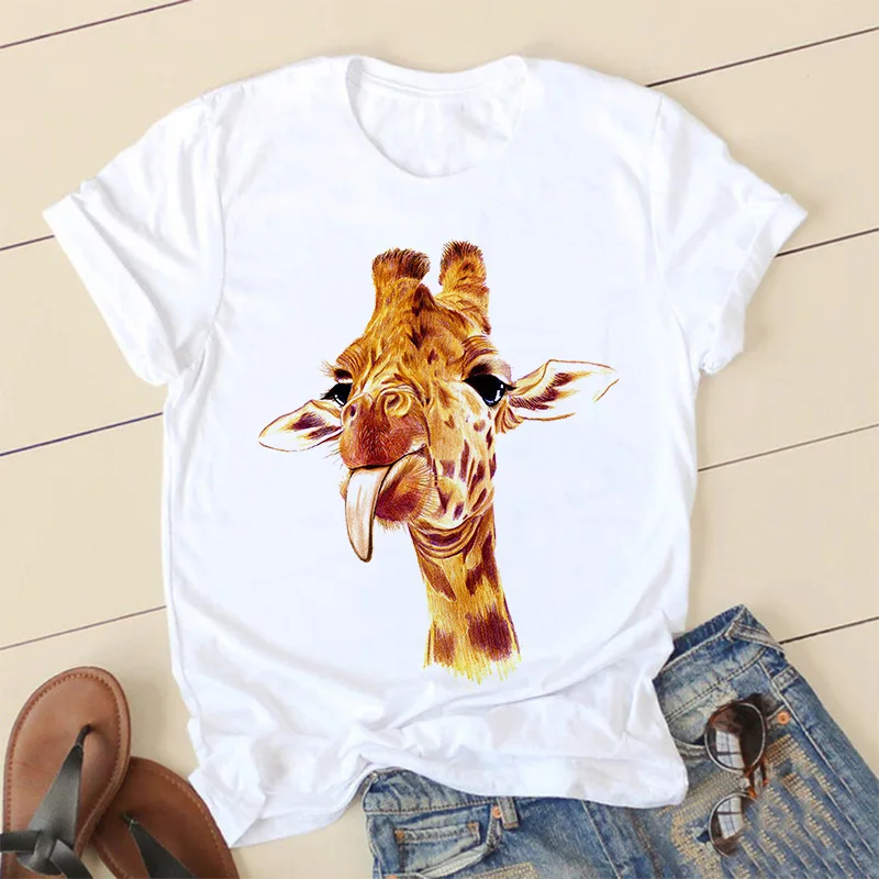 Giraffe Print Pink Woman Tshirts Women's Summer Harajuku Fun Cute Animal Pattern T Shirt Women Tops Casual Short Sleeve T-shirt