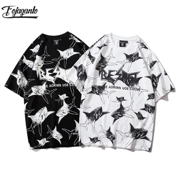 

FOJAGANTO Men's Shark Print T Shirts Streetwear Summer Men Hip Hop Loose Short Sleeve High Street Style Male Trend T Shirts Tops