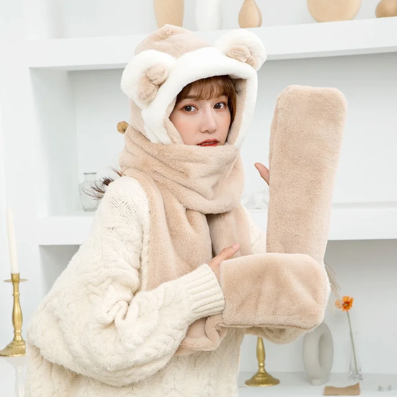 leather bomber cap Autumn and winter cutAutumn and winter cute spot brown solid color scarf gloves hat three-in-one female bear ears color matching thermal aviator bomber hat