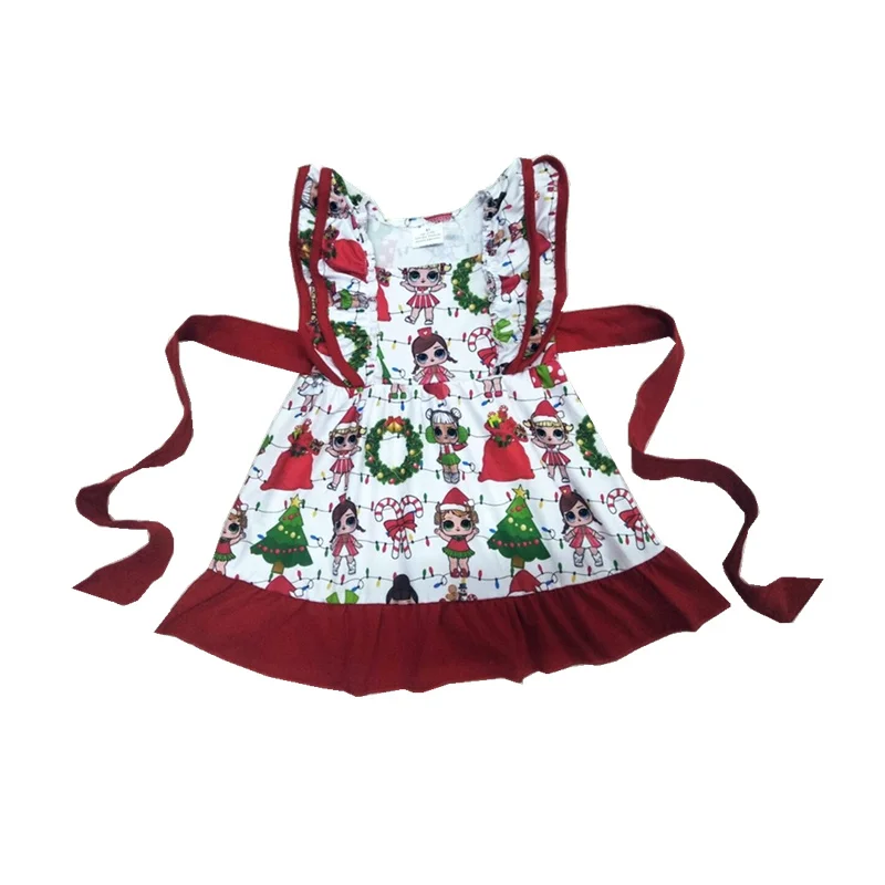 

2019 Fancy doll print Christmas style ruffled dress with red waistband
