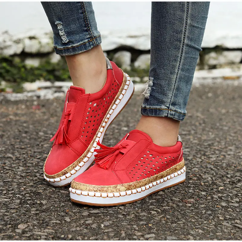 fringe red SLHJC/Женские повседневные лоферы; сезон весна-осень; рабочие кроссовки с круглым носком; дышащие эспадрильи размера плюс; слипоны на плоской подошве - Цвет: fringe red