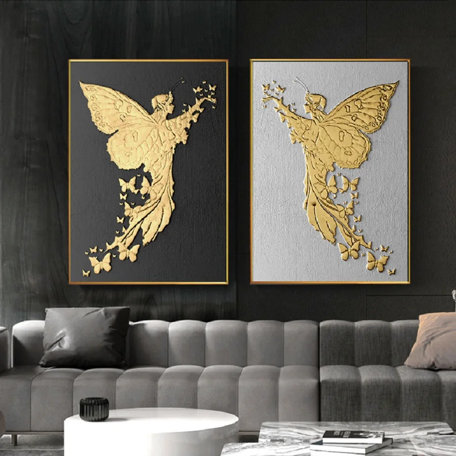 Fashion Square Texture Canvas Painting Black And Gold Angel Poster Print Luxurious Wall Art Pictures For Living Room Dining Room