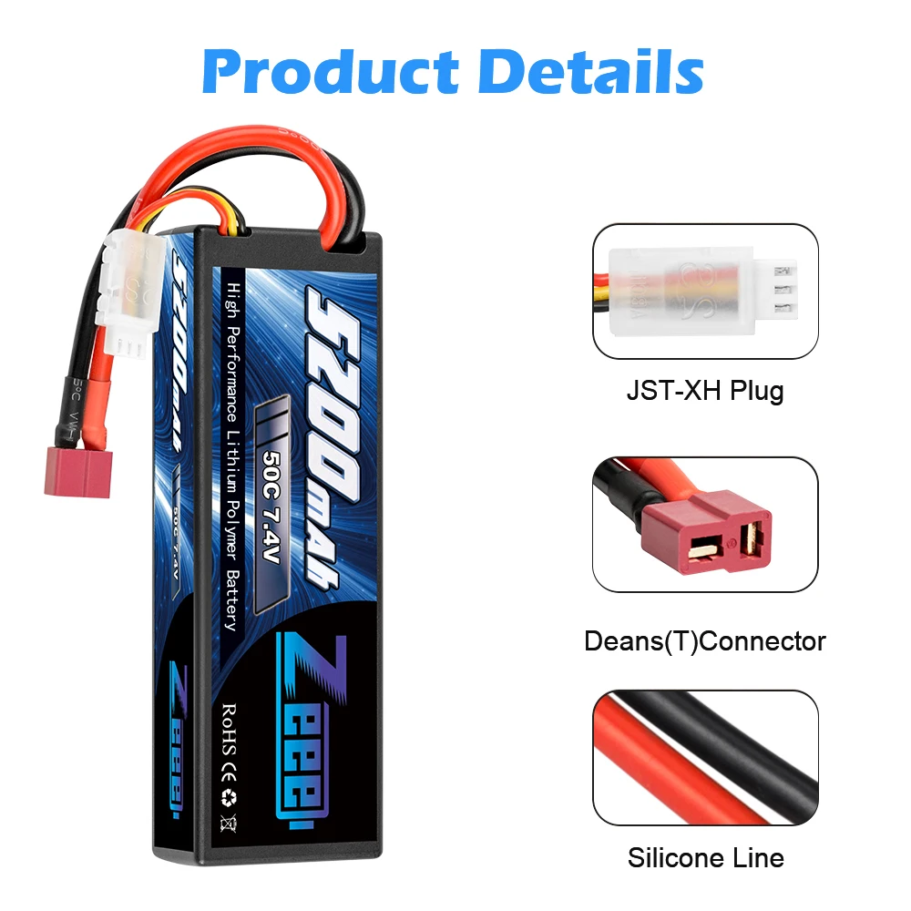 Buy Zeee 5200mAh RC Lipo Battery 7.4V 50C 2S RC Battery with Deans Plug for RC Evader Boat Car Truck Truggy Buggy Tank Helicopter