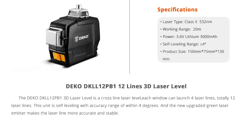 DEKO DKLL12PB1 360 Degrees Rotary Tilt Laser Level Vertical Horizontal 12 Lines Indoor&Outdoor Mode Self Leveling Measuring Tool