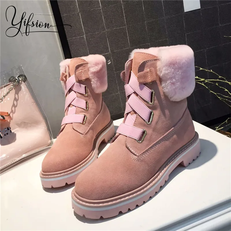 

OLOME New Fashion Black Pink Women Warm Ankle Boots Round Toe Lace Up Thick Low Heel Women Winter Wool Boots Shoes Woman