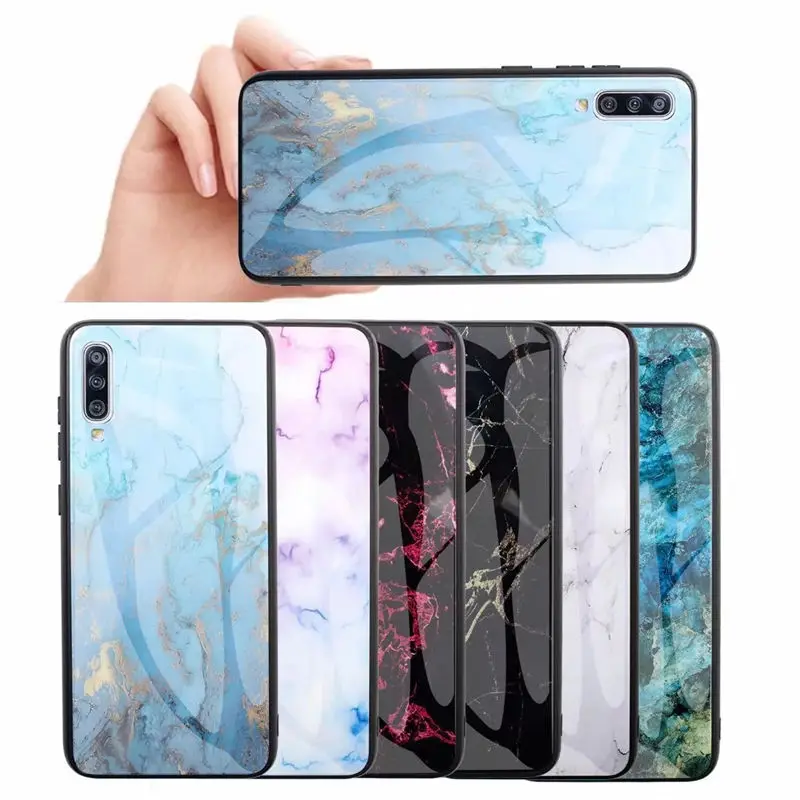 

For Samsung Galaxy A10 A20 A30 Case marble Tempered Glass Phone Case for Galaxy A50 A70 Soft Bumper Back Cover Coque