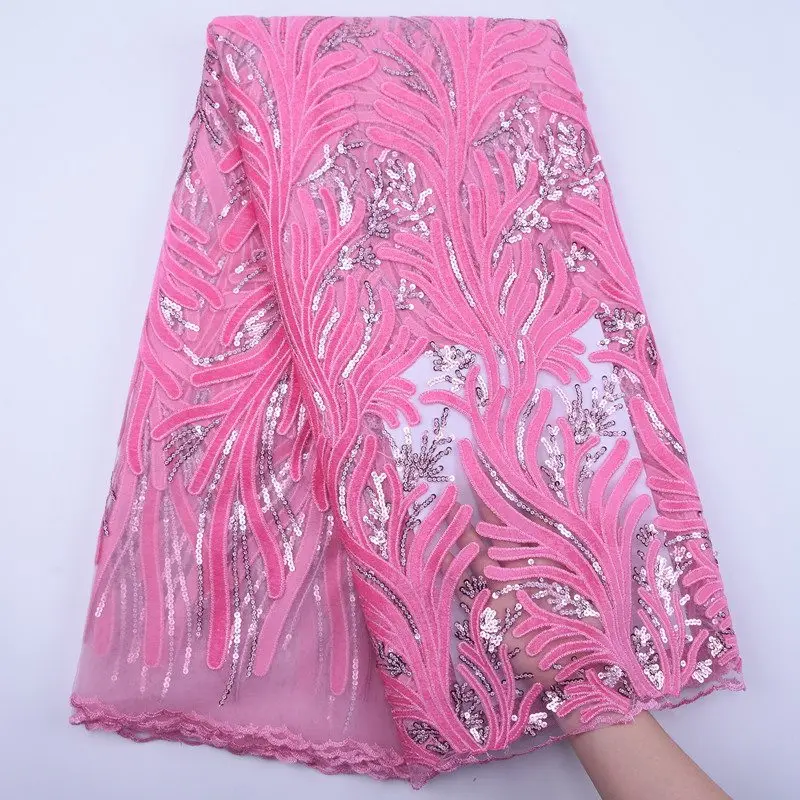 

Latest African Lace Fabric 2020 High Quality Velvet Lace With Sequins Pink Nigerian Lace Fabrics For Wedding Dress 5 Yards S1841