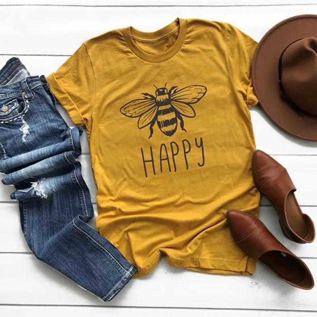 Женская летняя футболка размера плюс, хлопковая Футболка с круглым вырезом и принтом пчелы, Повседневная разноцветная рубашка с коротким рукавом, Женская сорочка