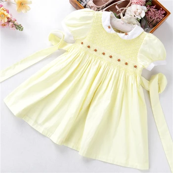 

summer girls dresses smocked hand made peter pan collar kids dresses flower long cotton yellow children's clothing