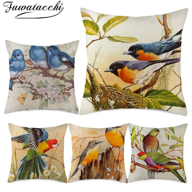 

Fuwatacchi Flora Linen Cushion Cover Fauna Pillow Cover for Home Chair Sofa Decorative Pillowcases Cute Bird Pillows 45x45cm