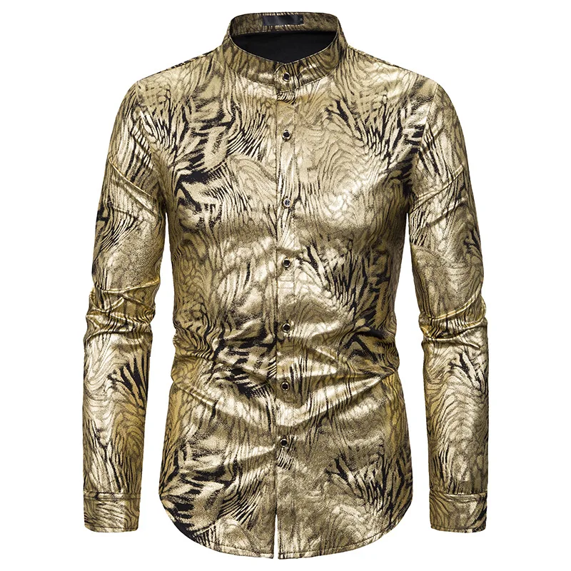 Мужская рубашка с длинным рукавом и бронзовым принтом воротником мандарин 2020