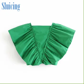 

2020 new European and American pure color personalized fashion pleated short women's poplin top