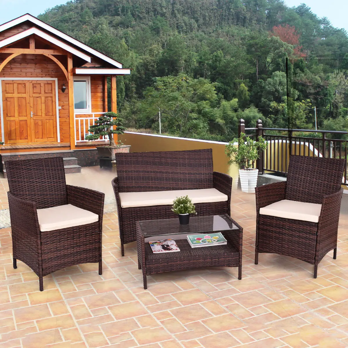 

4PCS Outdoor Patio PE Rattan Wicker Table Shelf Sofa Furniture Set With Cushion