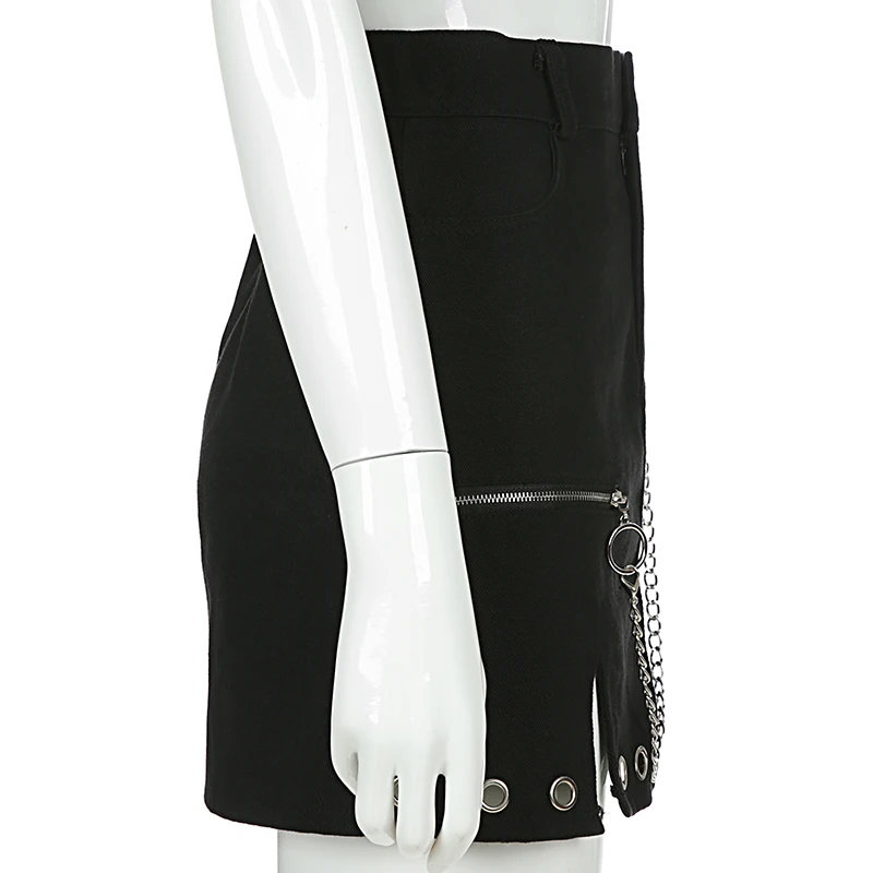  Sweetown Black Punk Style Denim Skirt Streetwear Metal Chain Patchwork High Waist Skirts Womens Ele