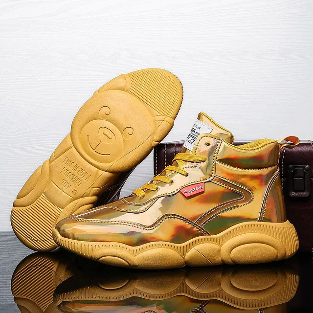 US $17.44 2019 Brand Designer Casual Shoes for Men Conmfortable High Top Outdoor Trainers Man Gold Sliver Bas