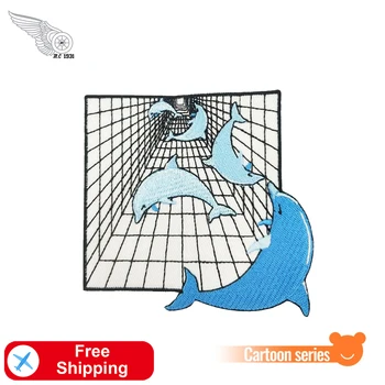 

Trapped Dolphins Embroidered Patch Iron on for Clothing Cute Applique Cartoon Patches Backpack Badge Custom Design Free Shipping