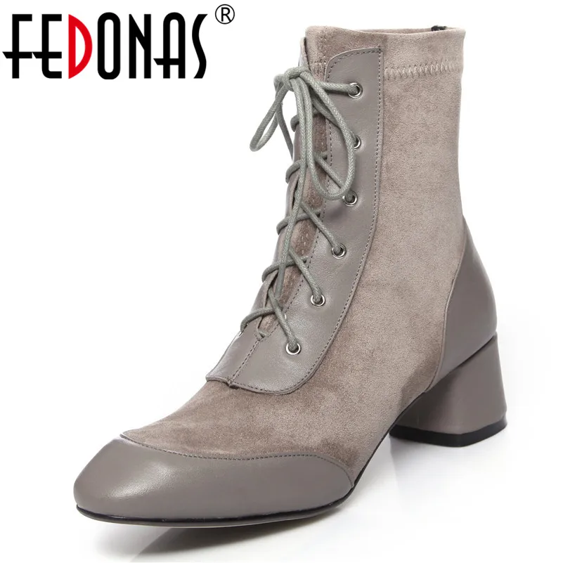 

FEDONAS Autumn Winter Fashion Genuine Leather Women Ankle Boots Square Toe High Heels Chelsea Boots New Party Prom Shoes Woman