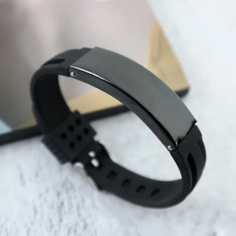 

New Punk Black Cool Stainless Steel Silicone Geometrical Bracelet Bracelet Rubber Men's Bracelet Bangle Adjustable Length