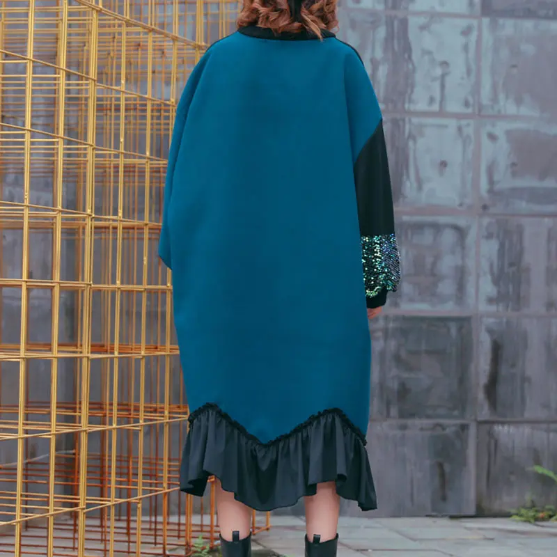 XITAO женское лоскутное платье до середины икры, расшитое блестками,, зимнее корейское Модное Новое свободное платье с круглым вырезом и длинным рукавом LYH2387