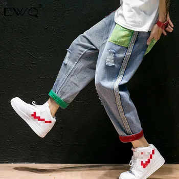 

EWQ / Men Jeans Straight Pants 2020 Mens Japanese Streetwear Shredded Patchwork Denim Pants Male Vintage Loose Blue Jeans 9A380