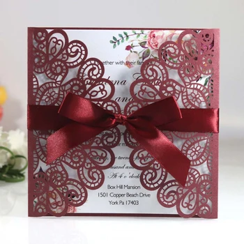 

50pc Burgundy Spring Flower Laser Cut Wedding Party Invitation with Ribbon Die Cutting Sweet Fifteen Birthday Party Invites