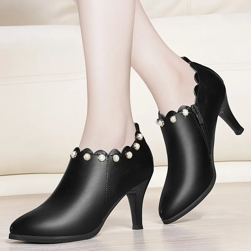 

Brand Design Genuine Leather Ankle Boots Women Shoes Sexy High Heel Ankle Boots Fashion Pointed Toe Autumn Boots Black YG-A0215