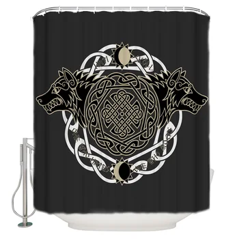 

WARMTOUR Shower Curtain Viking Wolf Totem Religion Symbol Black Bath Curtains Bathroom Decor with Hooks