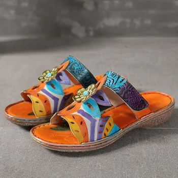 

Women Slippers Plus Size 41Leather Shoes For Women Summer Beach Slippers Low Heels Flower Retro Shoes Handmade Genuine Leather