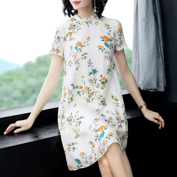 

Chinese Style New 2020 Women's Summer Fashion Improved Cheongsam Printed 100%Silk Dress Female Elegant Casual Loose Qipao Dress
