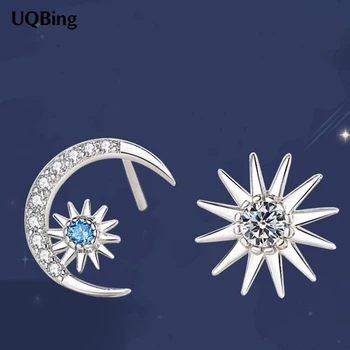 

Asymmetric Moon Sun Stud Earrings Minimalist 925 Sterling Silver Crystal CZ Zircon Engagement Earrings for Women Jewelry Party