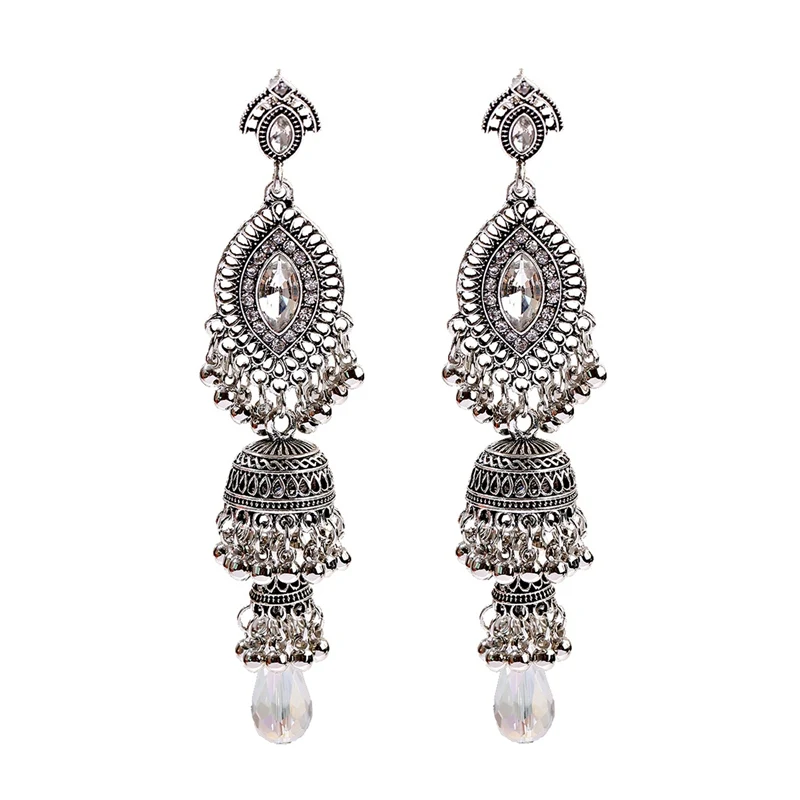 Этнические женские серебряные золотые индийские серьги Jhumka, винтажные Стразы, завышенные фонарики с кисточками, дворцовые сережки orecchini