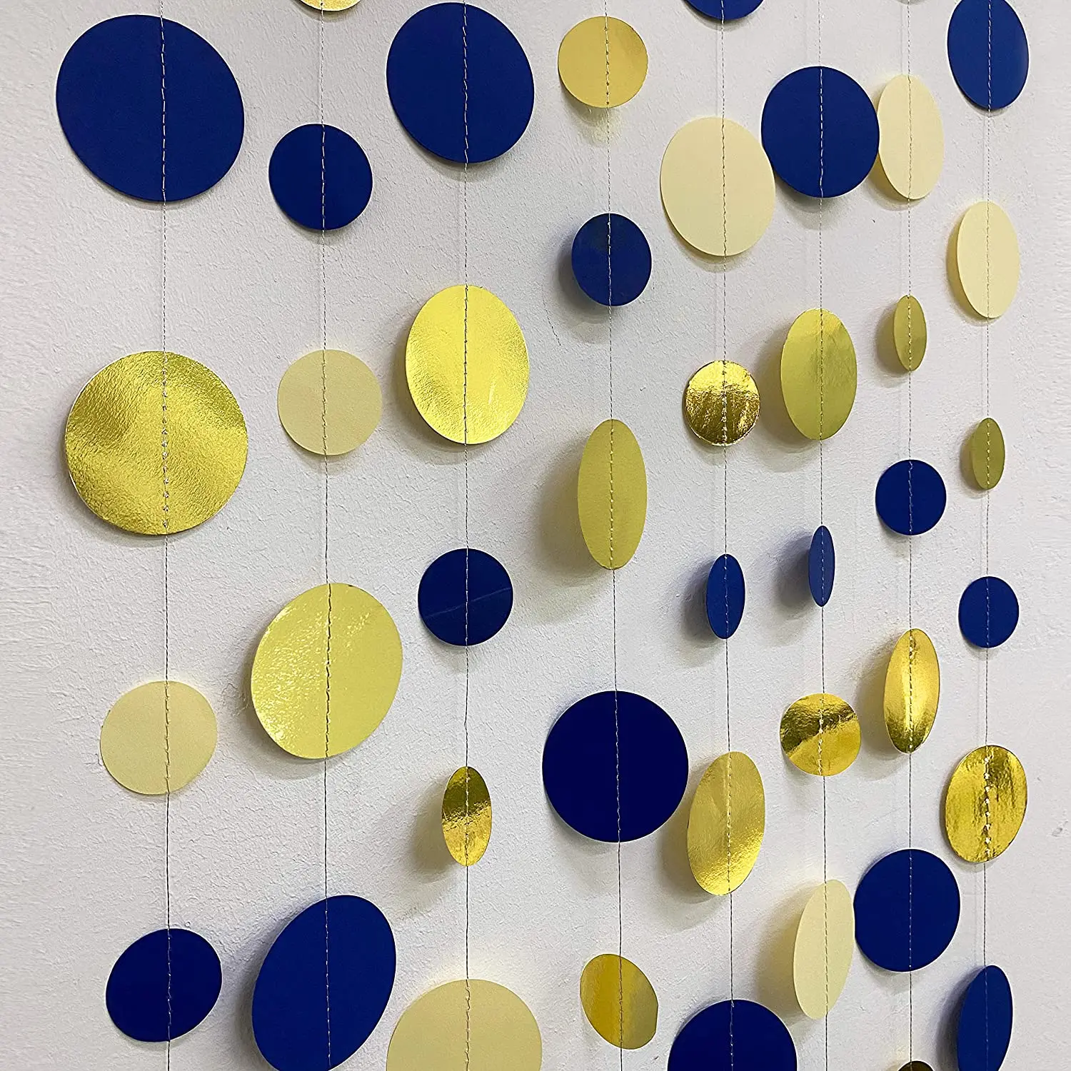 11 Ft Navy Blue Gold Beige Paper Circle Dots Garland Hanging Paper Polka Dot Streamer Royal Blue Birthday Baby Shower Decoration