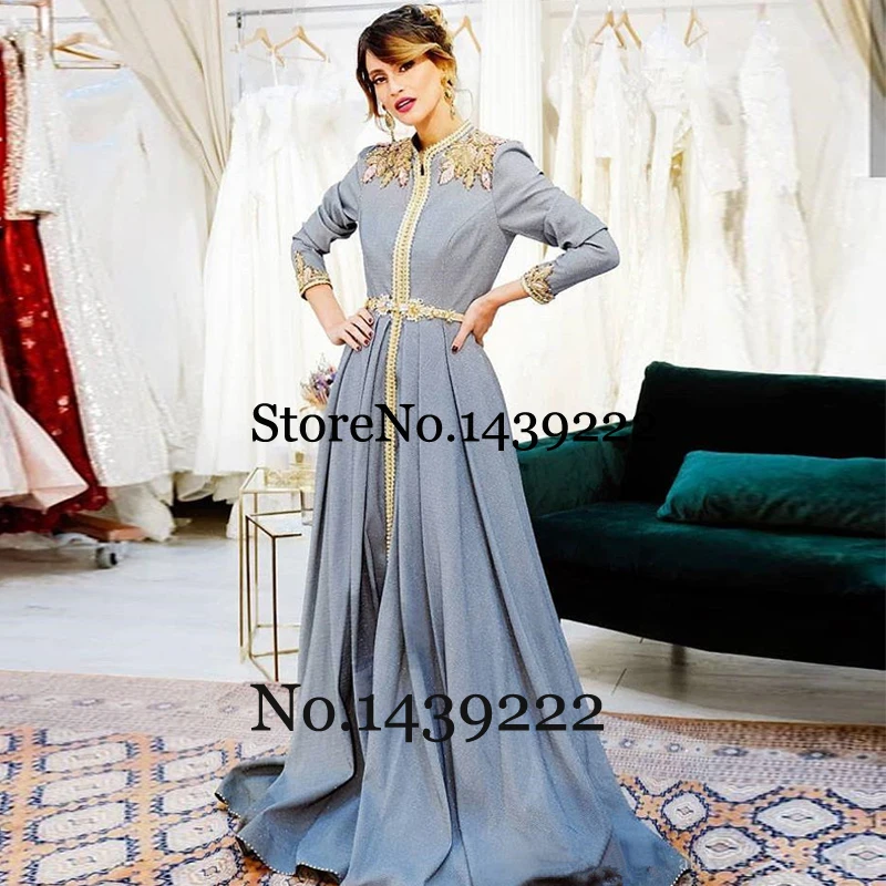 

Long Ash Blue Satin Moroccan Kaftan Evening Dresses 3D Flowers Mother Saudi Arabic Muslim Special Occasion Formal Party Dress