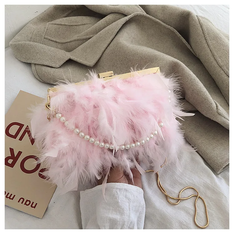 WB14 pink Blascher сумка и кошелек Корейская Индюшата волосы сумка на плечо зажим жемчужная цепь мех дамы клатч сумка через плечо WB141 - Цвет: WB14 pink