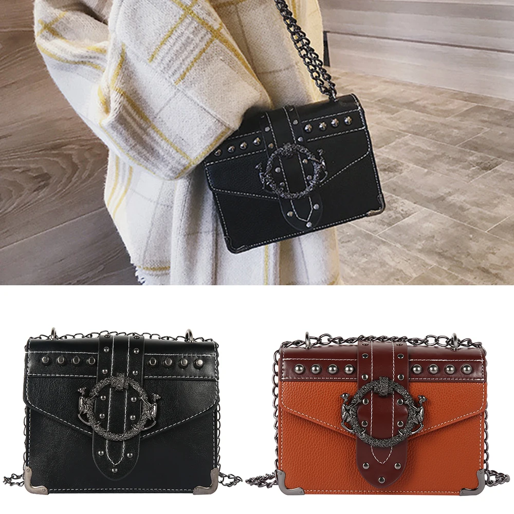 Европейская мода, квадратная сумка через плечо, новинка, женская дизайнерская сумка из искусственной кожи, с заклепками, на цепочке, сумка через плечо