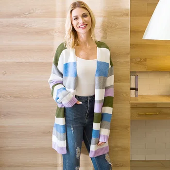 

Women Pockets Designer Striped Rainbow Oversized Long Cardigan Winter 2019 Long Sleeve Knitted Open Stitch Sweaters Plus Size