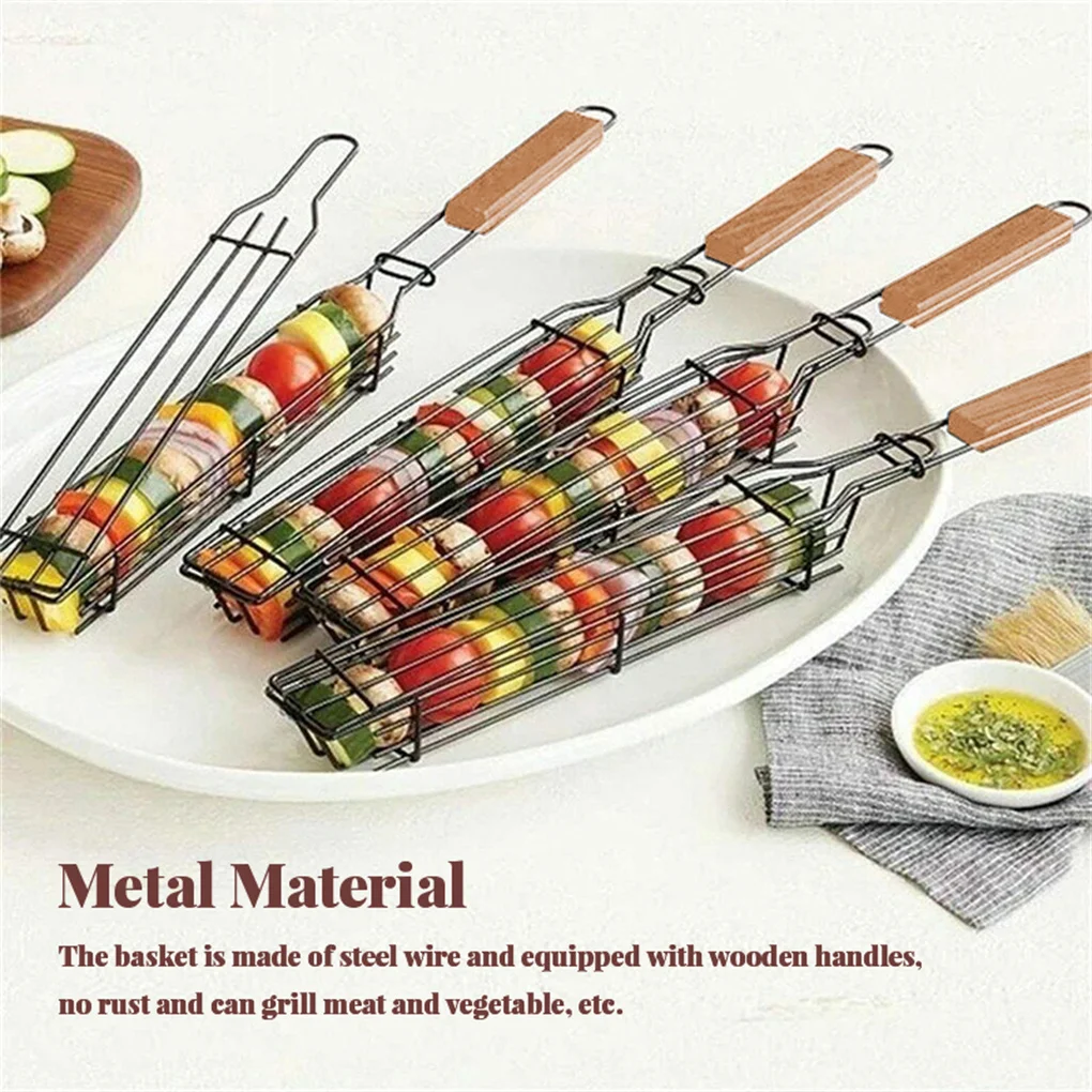 Steel Reusable Grilling Basket BBQ Grill Rack Heavy Duty Barbecue Meat Holder Stick Camping Picnic Accessories Tool