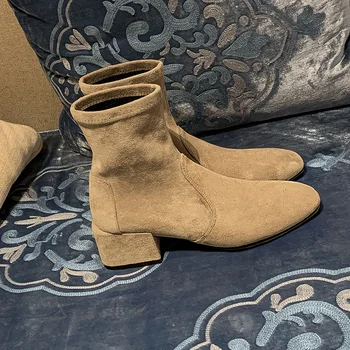 

Leather elastic boots women's autumn 2020 new Korean version of Joker square head thick heel sleeve suede boots slim socks boots