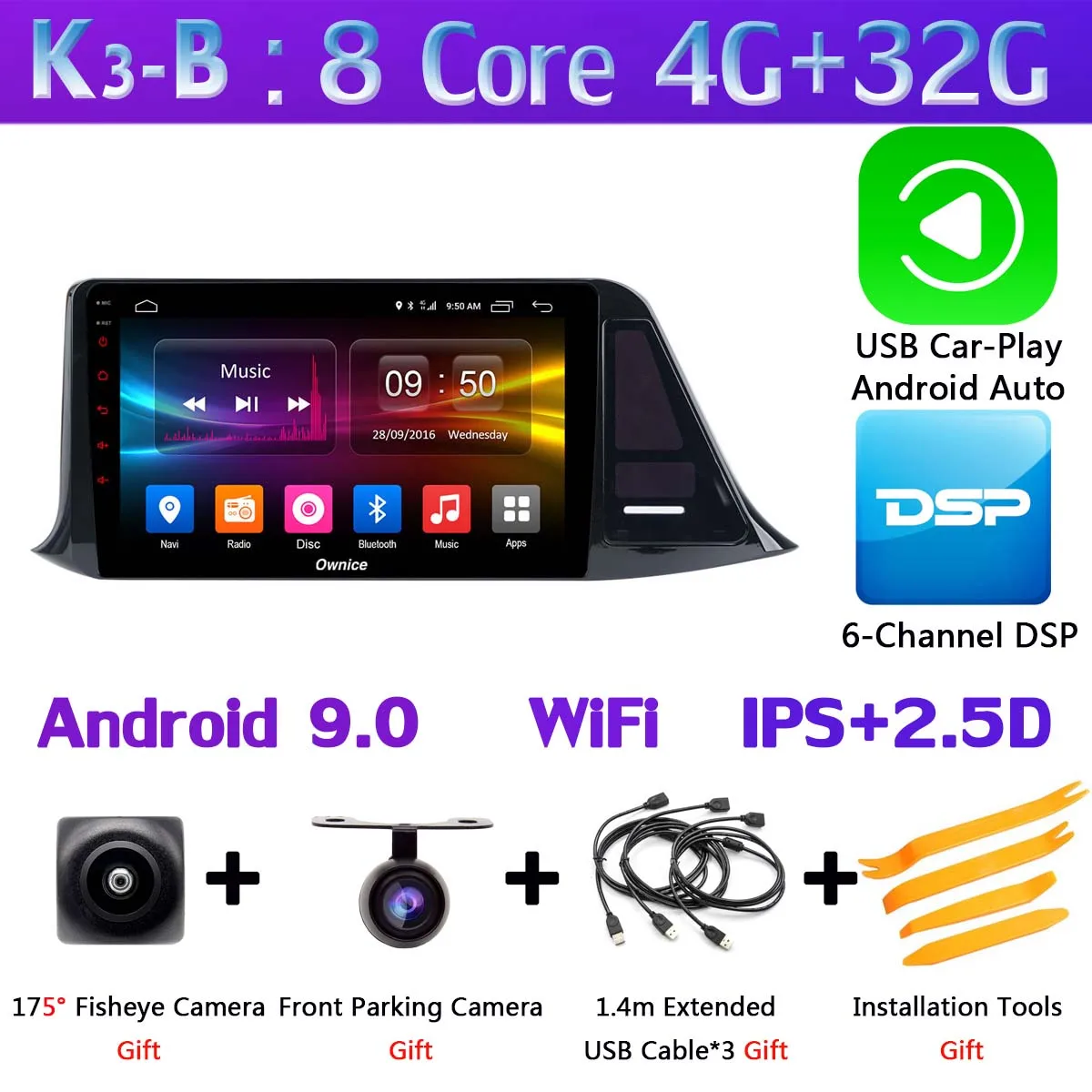 360 ° камера 1din Android 9,0 4G ram+ 64G rom gps радио CarPlay SPDIF DSP Автомобильный мультимедийный плеер для Toyota C-HR CHR - Цвет: K3-B-CarPlay