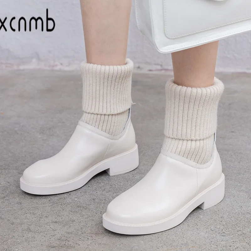 

TXCNMB Genuine Leather Rouned Toe Lace-up Chelsea Boots Women Mid-calf Boots Elegant Party Shoes Woman Thick High Heels