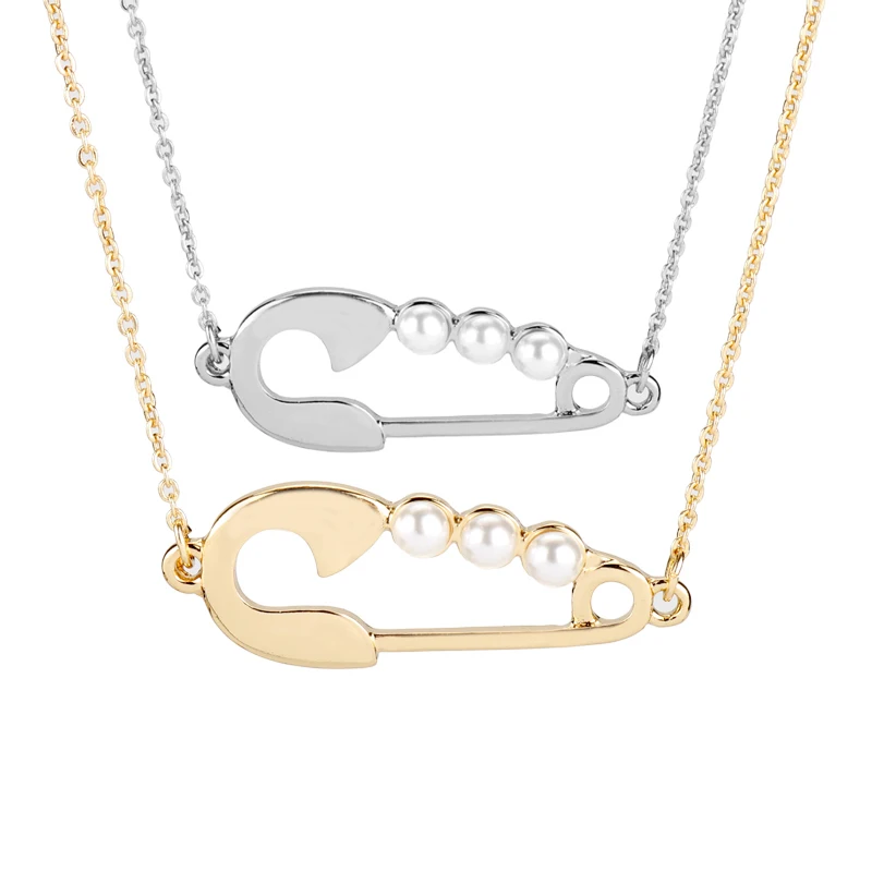 

Women's Fashion Accessories Choker Gold Silver Safety Pin Necklace Link Chain with Imitation pearls Pendants&Necklaces