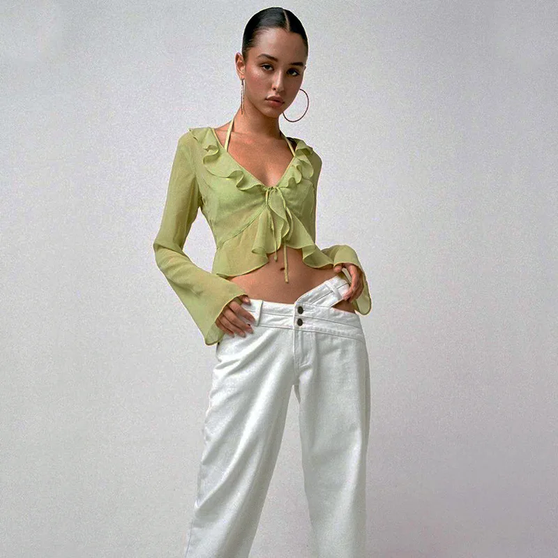 Fashion Boho Ruffle Blouse See-Through Lace V-Neck Tops For Women Long Sleeve Summer Shirt Party Beach Cropped Top 2025