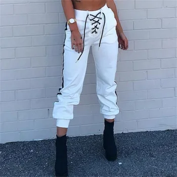 

Women Stretch Sweat Pants Side Stripe Joggers Trackpants Ladies Long Trousers Bandage Lace Up White Sweatpants Korean Harajuku